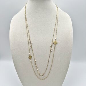 Vintage 2 Strand Gold Tone Lucky 4 Leaf Clover Shamrock Faux Pearl Necklace 31”